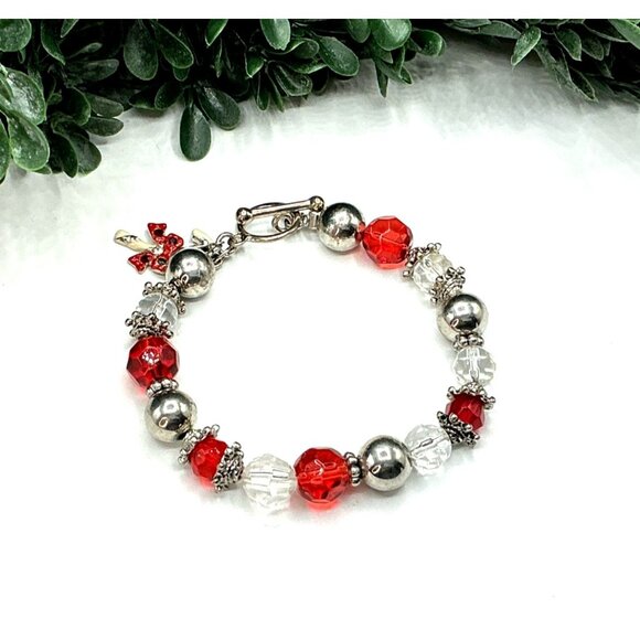 Beaded Bracelet Red and Clear With Silver Accents and Candy Cane Charm - Picture 1 of 8